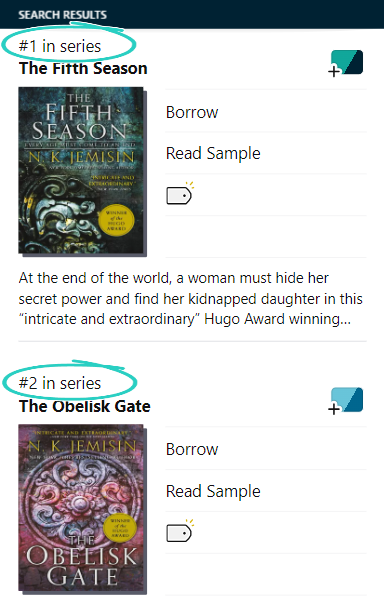 Beispiel: Der Roman „Fifth Season“ von N.K. Jemisin wird auf einer Liste als erster Titel in einer Reihe angezeigt.
